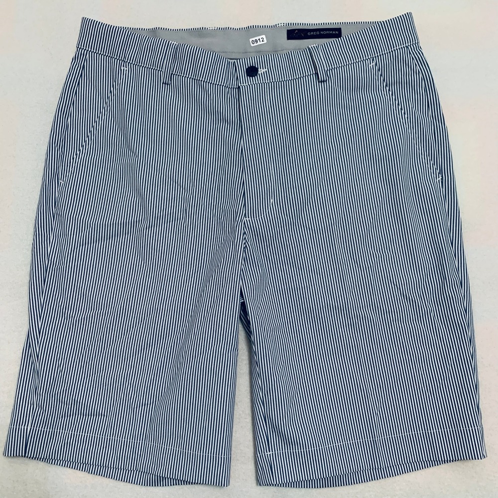 Greg Norman Golf Shorts Men 32 Navy White Striped Stretch Performance 10" Inseam